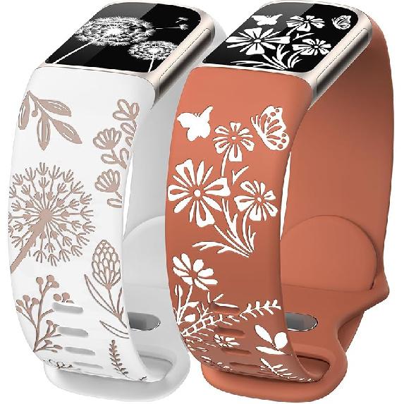 Wearlizer Цветочный гравированный ремешок Совместимый с ремешками Fitbit Charge 6/Charge 5 для женщин, Двухцветный Цветочный Мягкий Силиконовый Милый Спортивный Ремешок для White/Nude + Brown/White