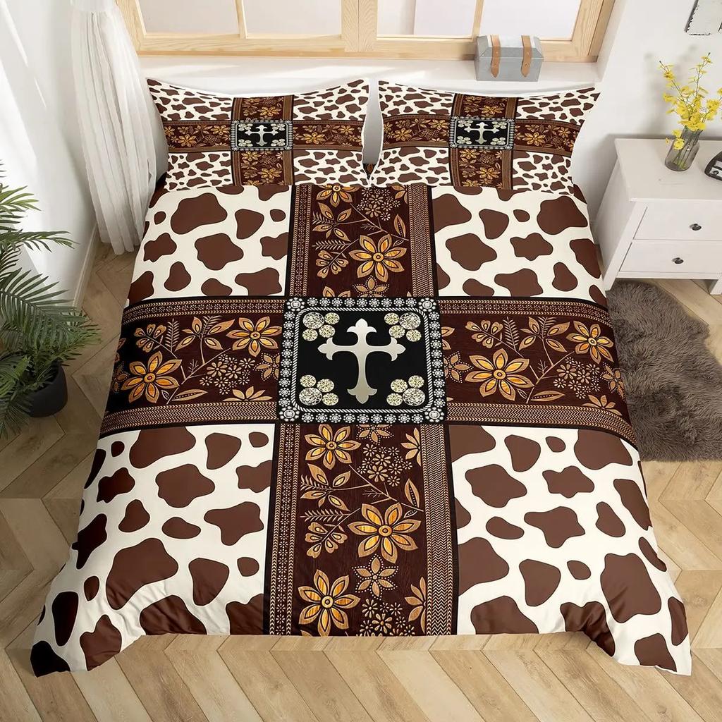 Cow Print Duvet Cover Queen Vintage Floral Bedding Set For Girls Boys Men Western Farmhouse Animal Bull Cattle Skin Quilt Cover