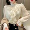 Autunno Vintage Ruffles Abbigliamento Pizzo Camicetta Donna Primavera Collo Alto Camicia Bianca Manica Lunga a Palloncino Ampia Elegante