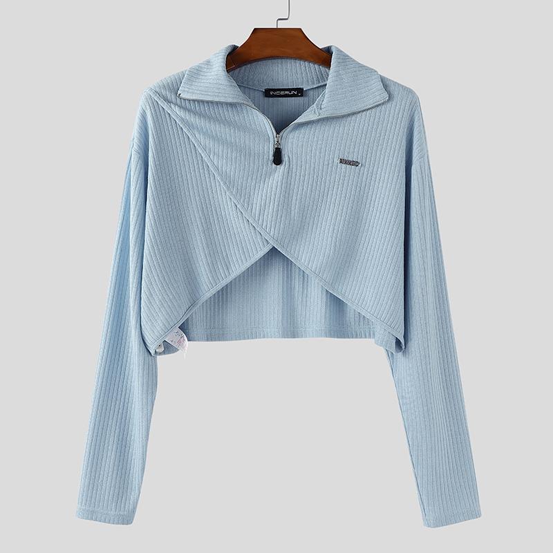

INCERUN Men Casual Tie-up Lapel Neck Long Sleeve Irregular Rib Cropped Shirts Tops 3XL синій