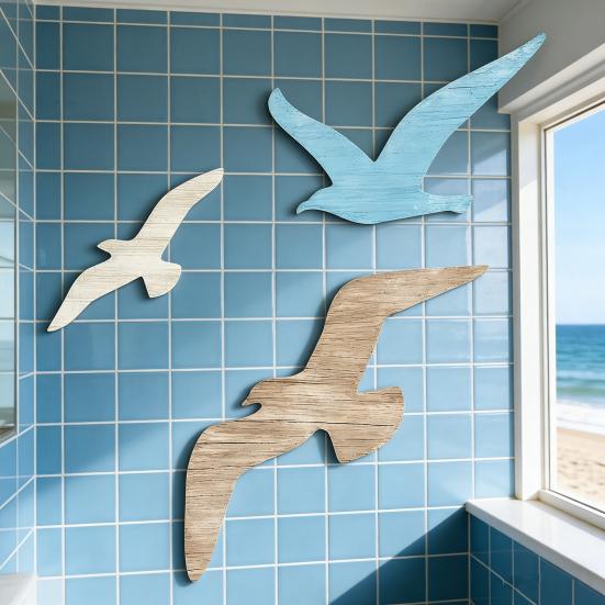 3 Pcs Wood Seagull Wall Decor Nautical Beach Coastal Theme Small Sea Birds Wall Art Lake House Ocean Wall Sculpture for Home Bathroom