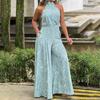 Women's Sleeveless Crew Neck Slimming Print Jumpsuit with Lace-up