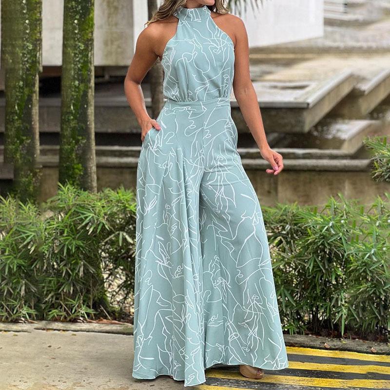 Women's Sleeveless Crew Neck Slimming Print Jumpsuit with Lace-up