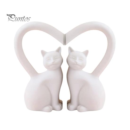 Symmetrical Cat Statue 2Pcs Couple Figurine, Black & White with Heart-Shaped Tail, Stable Base Smooth Texture Decor for Bedroom Vanity Living
