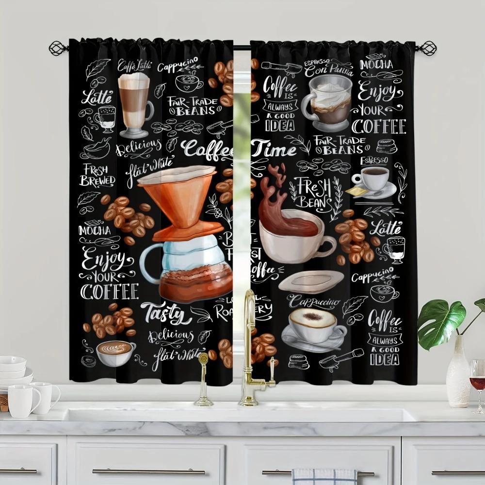 2ks 3D Kávová Ilustrace Kávový Závěs Kapsa na Tyč Černá Ručně Malovaný Kávový Prvek Tištěný Závěs do Kuchyně Filtrující Světlo