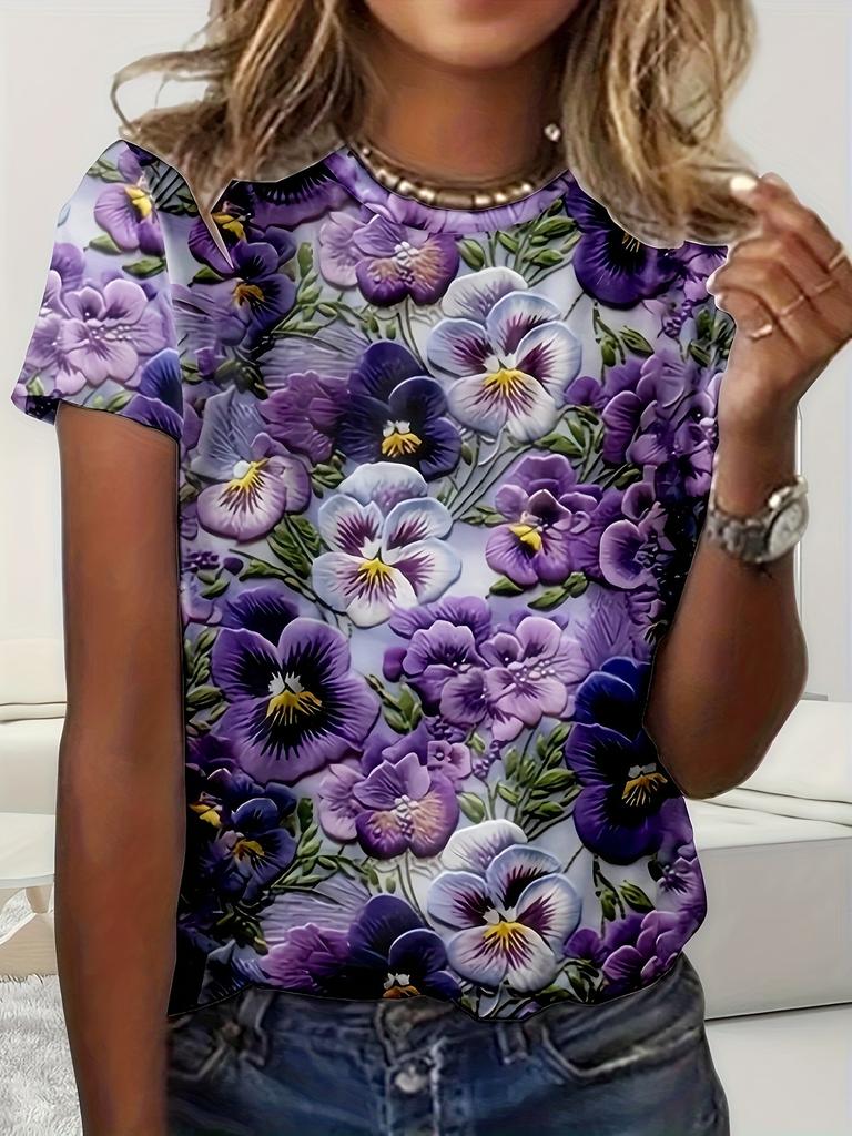 Elegant and Fashionable Colorful Rose Print Round Neck Ladies T-shirt Summer All-match Refreshing T-shirt