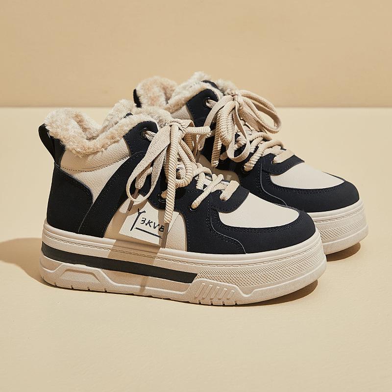 2025 Women's Korean Style Fleece-Lined White Sneakers - Thick-Soled Winter Sports Shoes M019