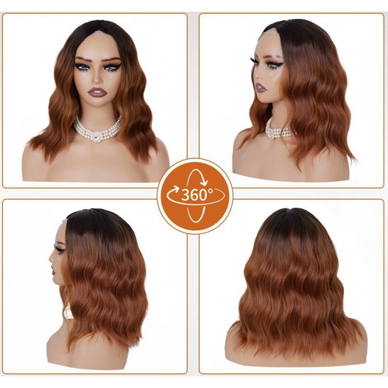 Womens Short Curly Wig 4x1 Small T Part Lace Middle Water Wave Synthetic