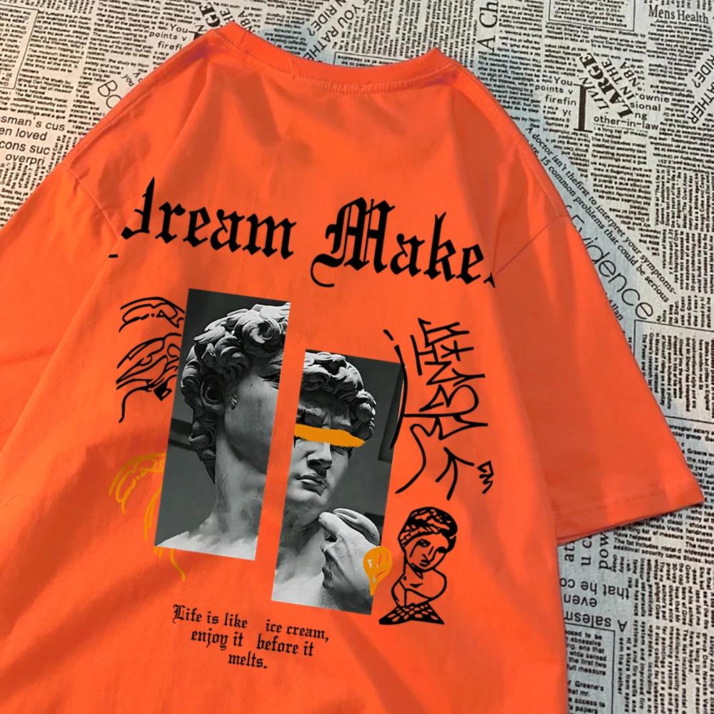 Dream Maker Brave Sculpture Pattern Clothing Men Vintage Cotton Streetwear Couple O-Neck T-Shirts Solid Color Summer Tops