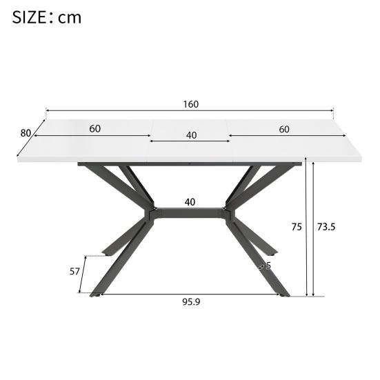White Extendable Dining Table 120/160x80cm, Black Metal Table Legs, White Rectangular Dining Table, Suitable for 4 To 6 People