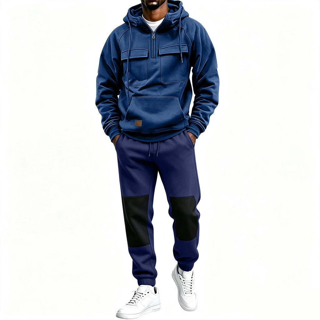 Men's Multi-Pocket Zip-Up Hoodie and Black Casual Pants 2 Piece Athletic Set