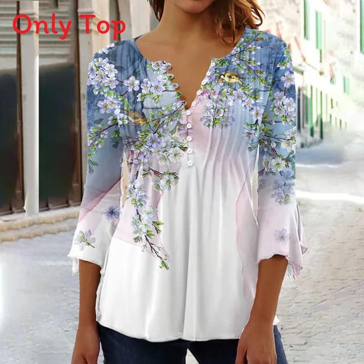 Floral Print T Shirt For Women With 3d Effect Polyester V Neck Short Sleeve Casual Top