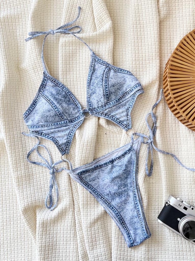 Women’s Fashion Denim Monokini Bathing Suit Halter Backless Bikini Swimwear One-Piece Sexy Tie Side Swimsuit