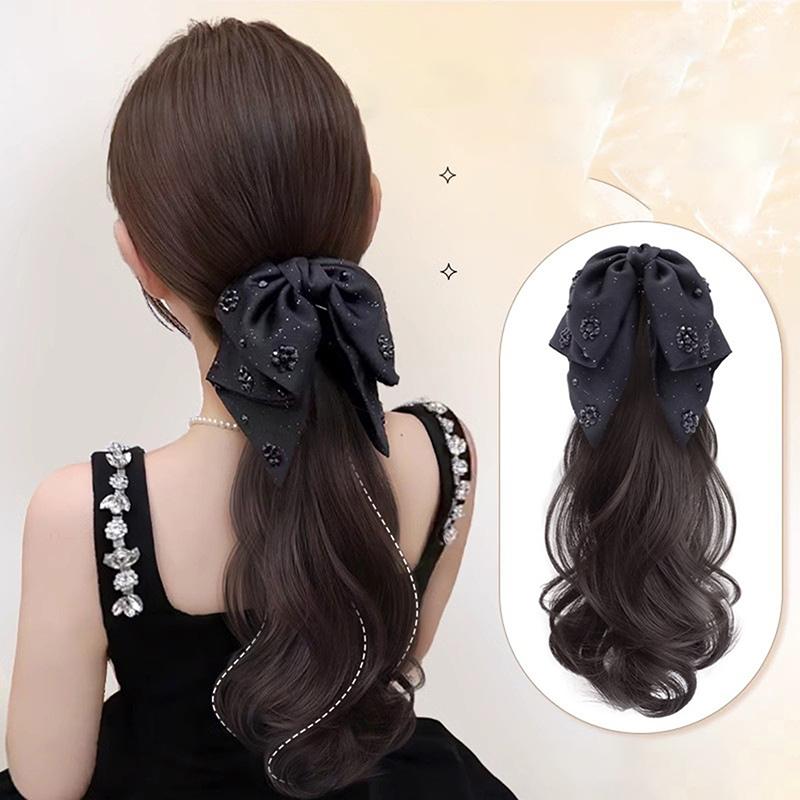 Synthetic Wigs Simulated Ribbon Bowknot Puffy Curly Grab Clip Ponytail Wig Women Headwear Extensions 40Cm