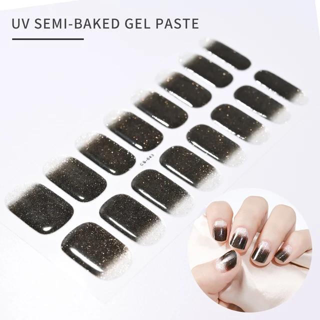 16Tips UV Semi-Cured Gel Nail Art Stickers Combo Pack Glitter High-Gloss Water-Proof Polish Wraps Full Cover Manicure Nails