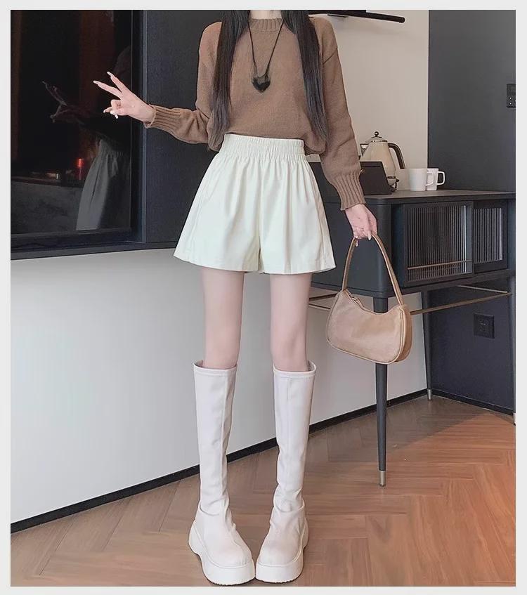 Women's High-Waist A-Line PU Leather Shorts - Brown, Autumn/Winter 2023, Fashionable Slim Wide-Leg Design for Outerwear with Boots.