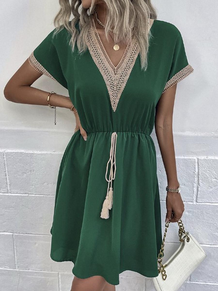

New Summer Arrivals - Imported Spring/Summer Solid Short Sleeve Ruffles V-Neck Waistline Dress XXL светло-зеленый