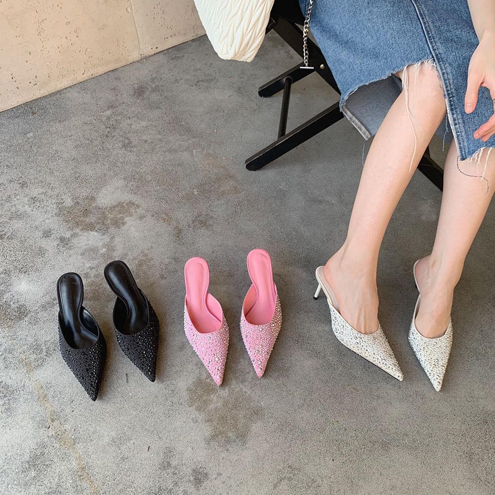 fashion Pointed Toe Women Sandals Slippers Black Pink White Shining Dress Shoes Thin High Heels 2024 New Arrivals Party Pumps Sexy Slide