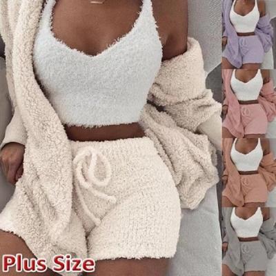 Womens Sexy Fuzzy Warm Sherpa Fleece 3 Piece Outfit Fleece Coat Jacket Outwear and Spaghetti Strap Crop Top Shorts Set
