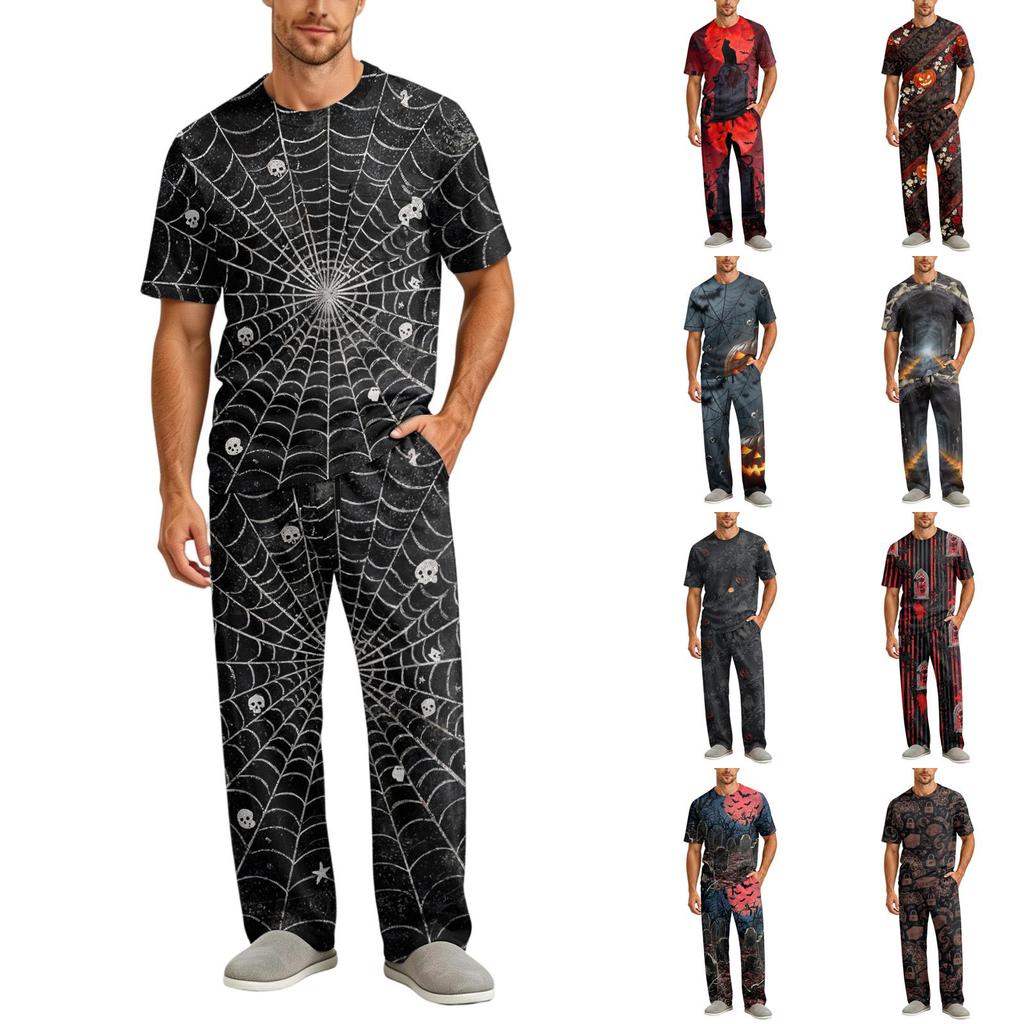 Men's Home Pajama Set, Short Sleeve Top and Long Pants with Button Fly and Drawstring Waist