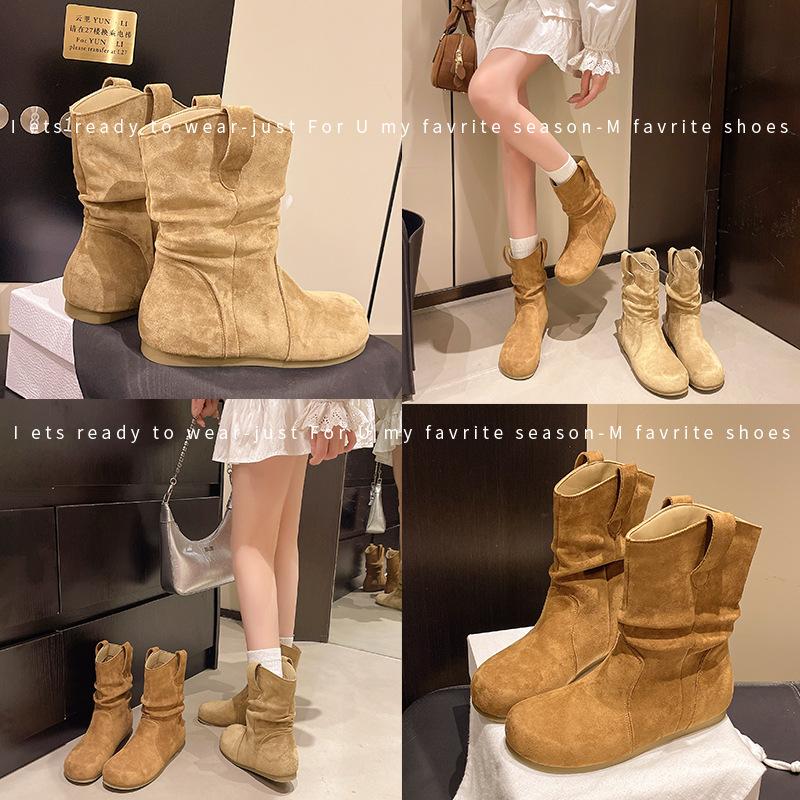 Internet celebrity heap boots 2025 new round head versatile flat bottom western cowboy boots matte leather short boots women's spring and autumn sing