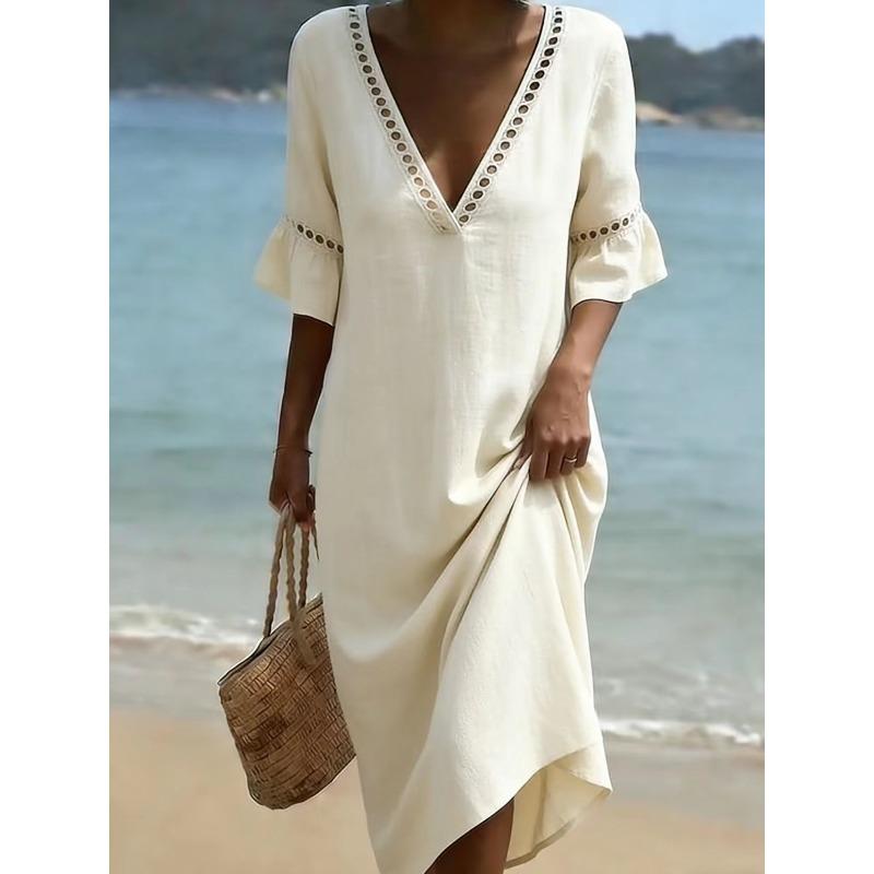 Summer V Neck Half Sleeve Loose Beach Holiday Dress Women Fashion Lace Patchwork Solid Color Party Dresses Women Midi Dress