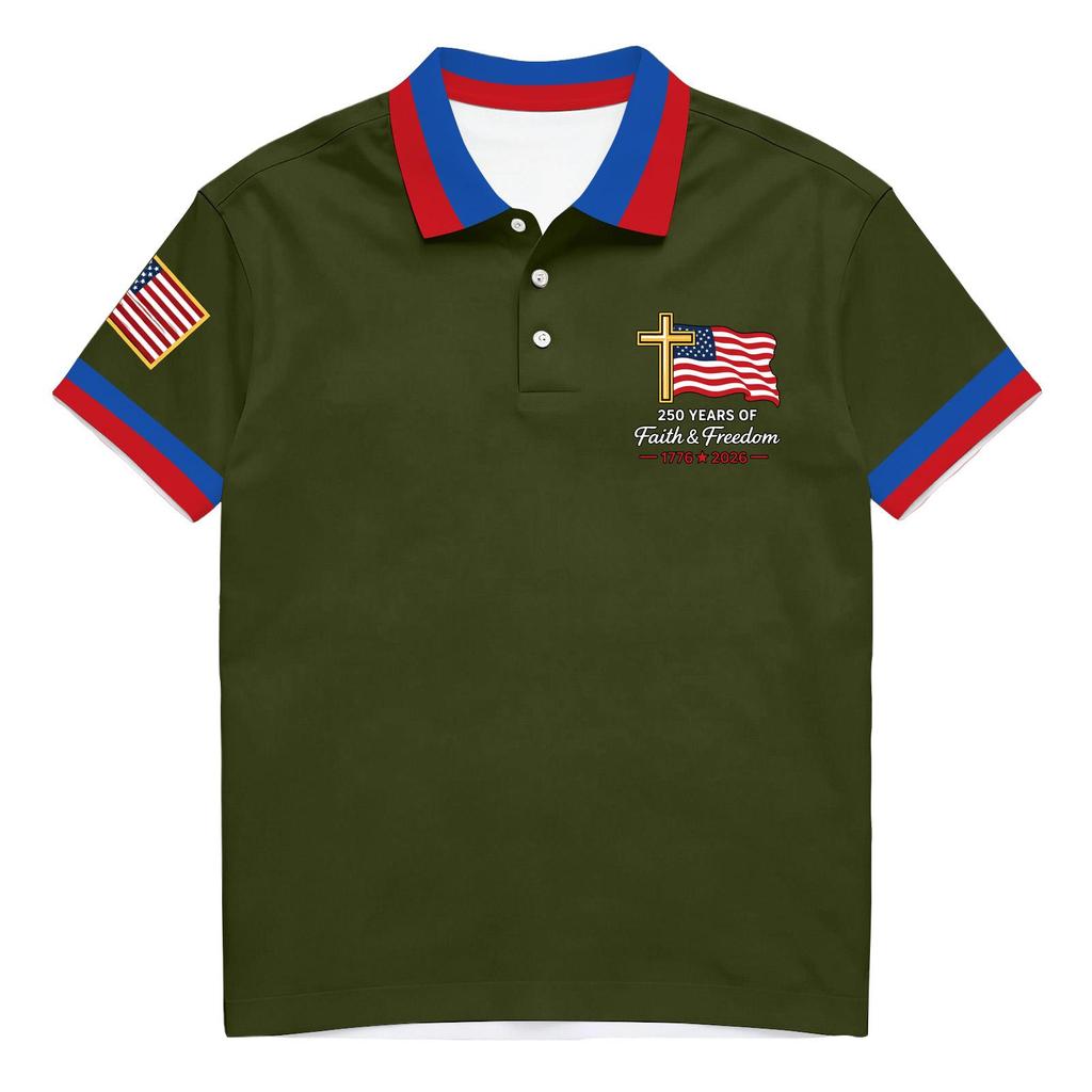 Herren Kurzarm-Polohemd mit Flaggen-Patch und Stickerei Klassische Passform Komfortables Design