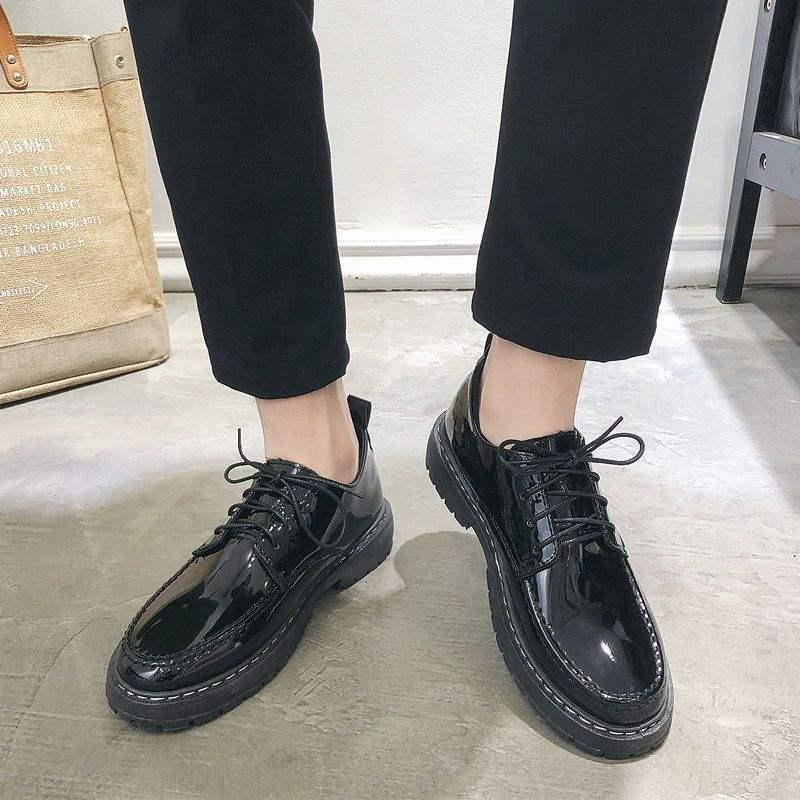 2025 Men's Black Round Toe Leather Shoes - British Style, Korean Trend, Formal & Casual