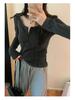 Women's Retro U-Neck Slimming Long-Sleeve Ribbed Knit Top, 2025 Autumn/Winter Collection