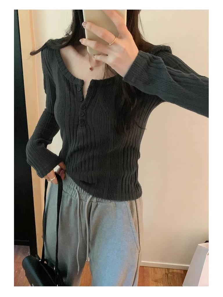 Women's Retro U-Neck Slimming Long-Sleeve Ribbed Knit Top, 2025 Autumn/Winter Collection
