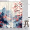 Japanese Style Shower Curtain Town Architecture Arch Bridge Pink Cherry Blossom Sunset Mountain Landscape Bathroom Curtain Decor