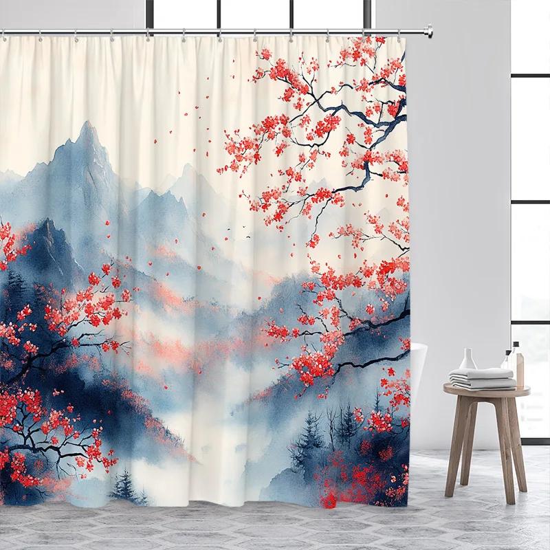 Japanese Style Shower Curtain Town Architecture Arch Bridge Pink Cherry Blossom Sunset Mountain Landscape Bathroom Curtain Decor