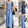 Women Casual Sleeveless Solid Color Adjustable Straps Slitting Hem Long Dress