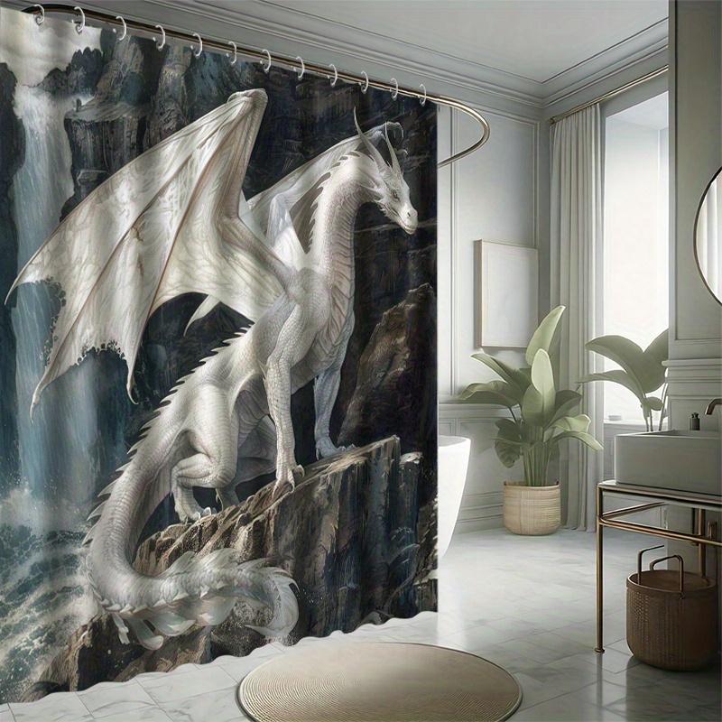 White Dragon Shower Curtain Set - Water-Resistant Polyester, Includes 12 Hooks,Grommet Top,Animal Print,All-Season Holiday Decor