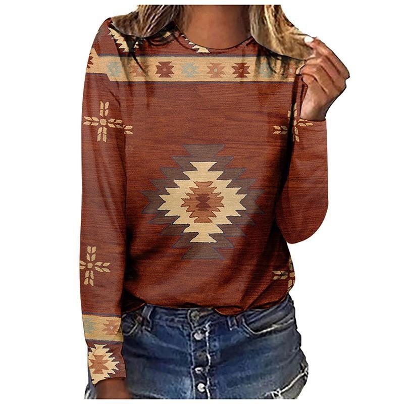 Spring and Autumn Round Neck 3D Retro Ethnic Style Printed Top Fashionable Casual Long Sleeved Women's T-shirts