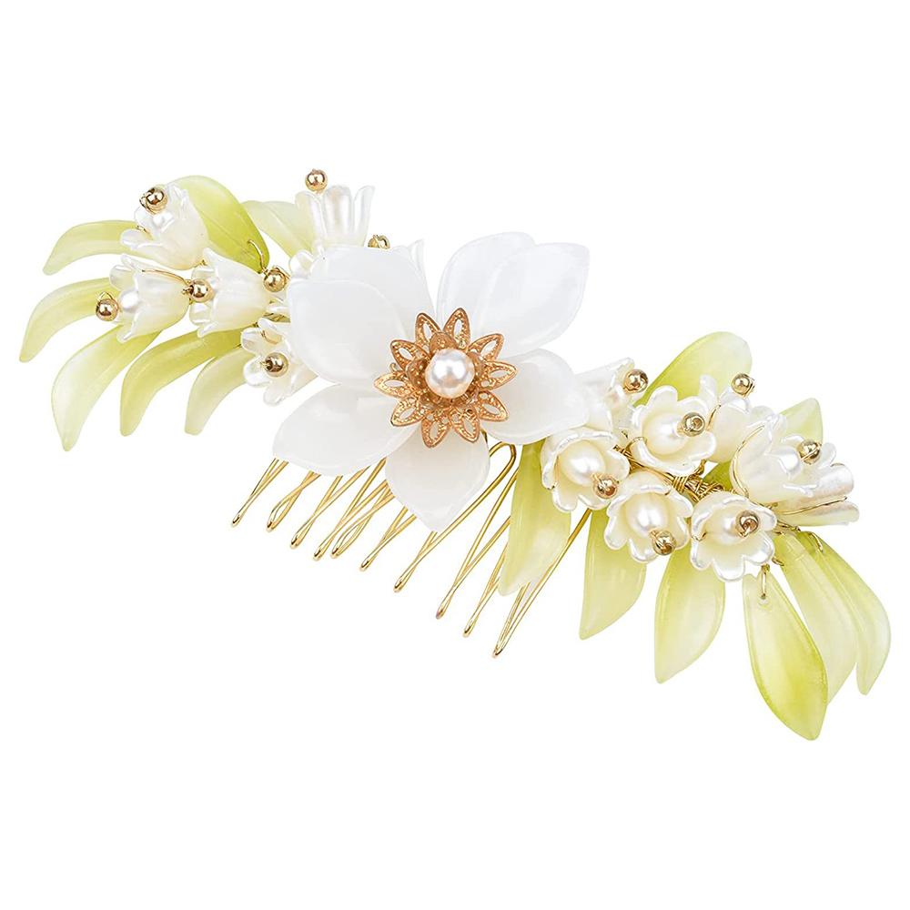 Floral Hair Comb Chinese Hanfu Hair Accessories For Women Green Flower Alloy Hairpin Hair Clips Women s Pearl Flower Headwear