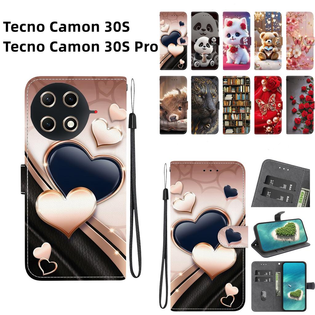 Handmade PU Leather Flip Case for Tecno Camon 30S / Camon 30S Pro Anti-Slip Shockproof Cover with Wrist Strap & Heart/Rose Cat Designs
