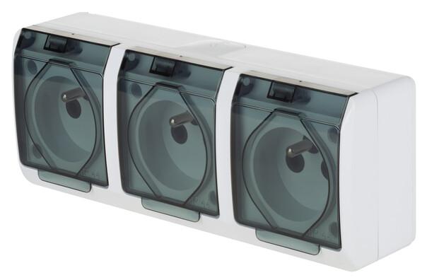 3-way surface-mounted socket, IP44, white, smoke flap, HERMES