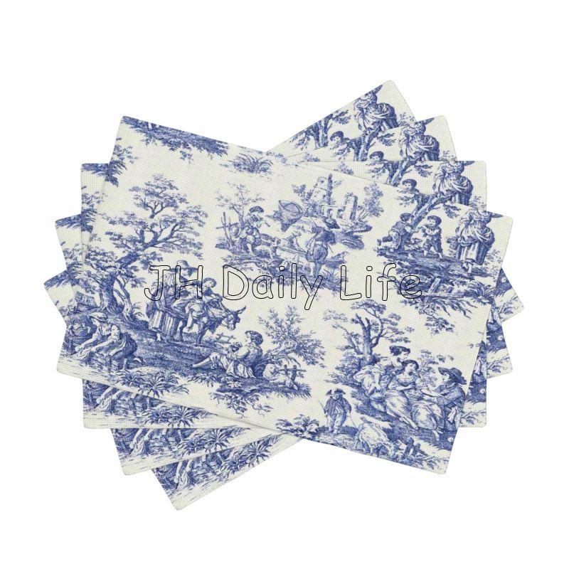 French Toile De Jouy Placemats Sets of 4 Waterproof Heat Resistant Linen Table Mats for Home Party Dining Table Decor 12x18 Inch