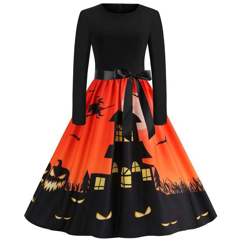 Real Spot Explosion Halloween Print Splicing Long-Sleeved Pendulum Dress S