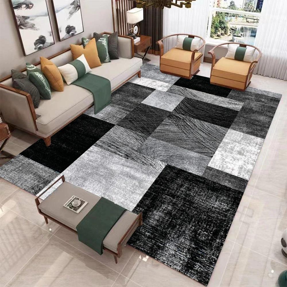 Luxe Gekreukt Geruit Vloerkleed Zwart Grijs Houtnerf Print Antislip Absorberend Wasbaar Zacht Tapijt 80x120cm