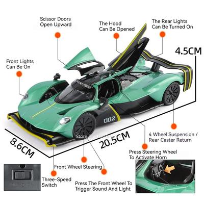 1:24 Scale Valkyrie Lykan Car Model Toy Diecast Alloy Sound Light Pull Back Supercar Miniature Models Collection Kids Gifts