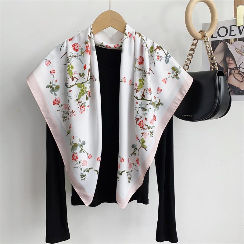 Spain Fashion Million Floral Square Silk Scarf Ladies High Quality Print Soft Shawls and Wraps Bufanda Muslim Hijab 90*90Cm