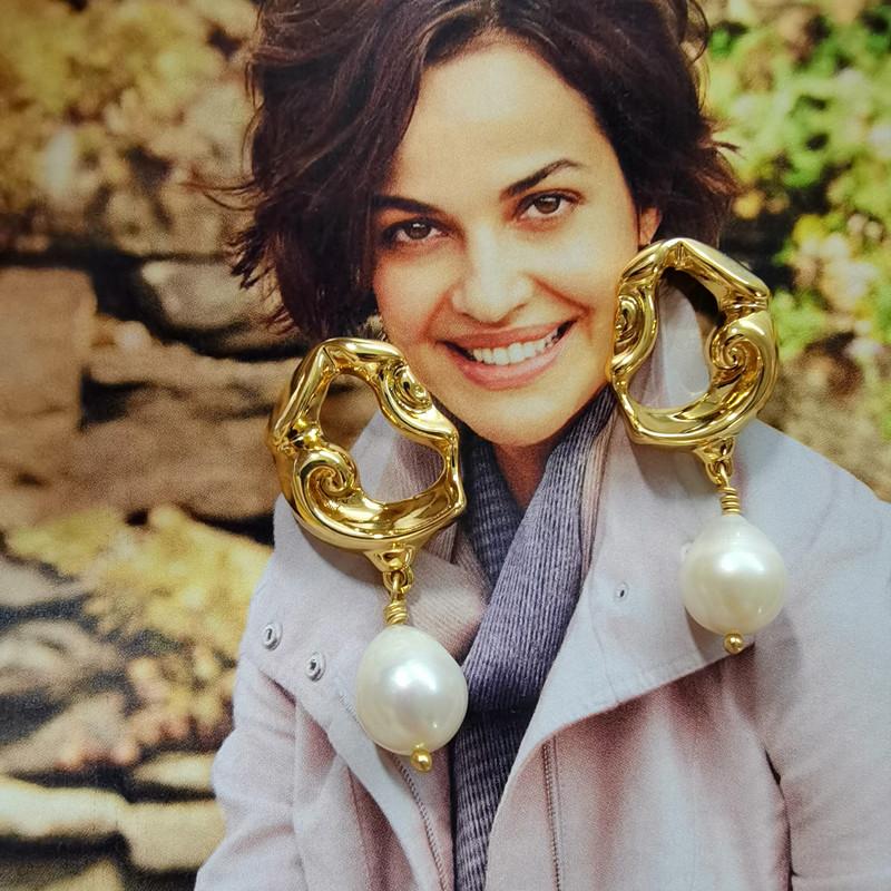 Wrinkled face lava metal baroque natural pearl beads korean women's earrings