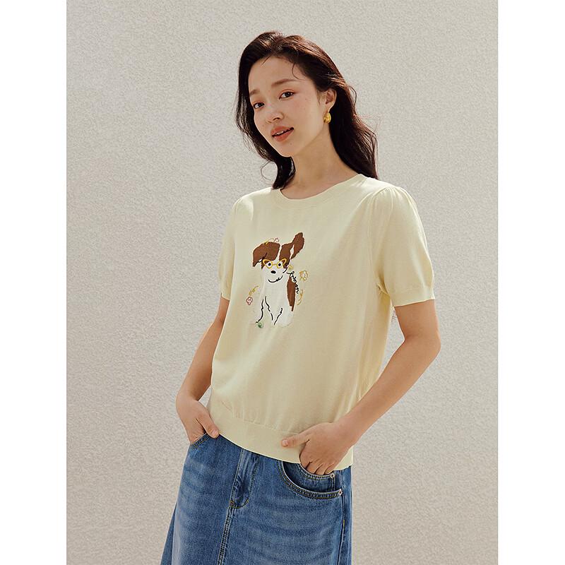 INMAN Playful Puppy Embroidered Short Sleeve Knit Top