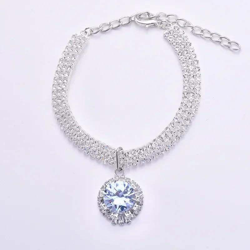 

Модный бриллиантовый кулон для питомца, ожерелье для аксессуаров, кошек, собак, блестящий кристаллический ошейник, подходящий для шлейки для маленьких собак и кошек S(19.5CM) серебряный