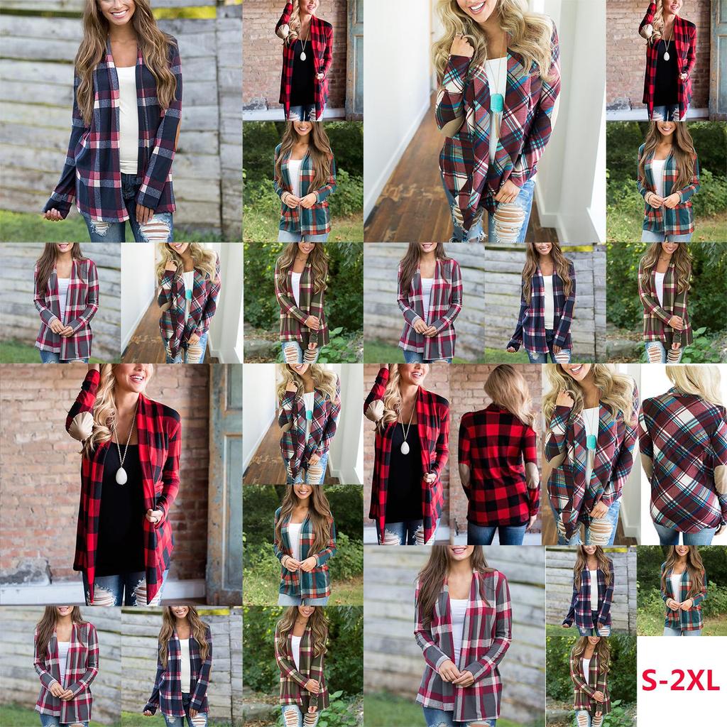 Cozy Women Plaids Cardigan T-shirt With Stylish Lapel Collar For Casual Wear
