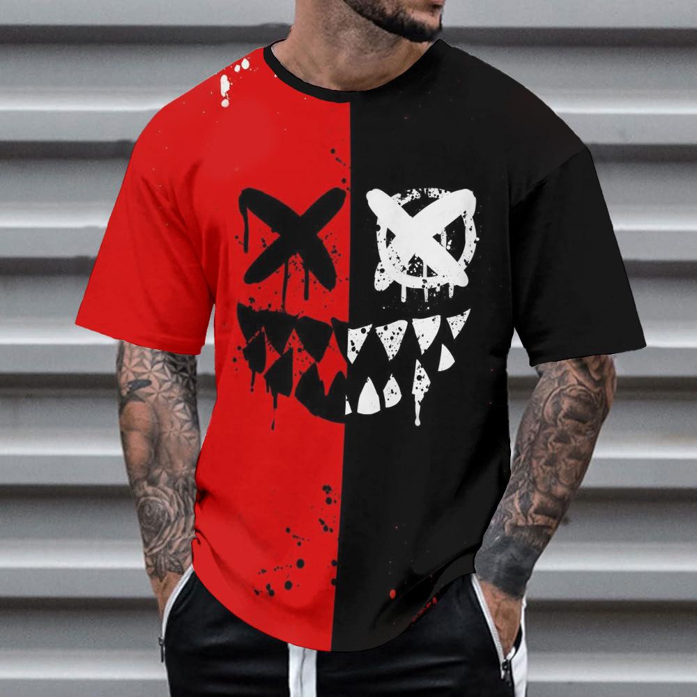 Summer Round Neck 3D Neon Graffiti Skull Graphic Print Top Fashionable Casual Short Sleeved Men's T-shirts