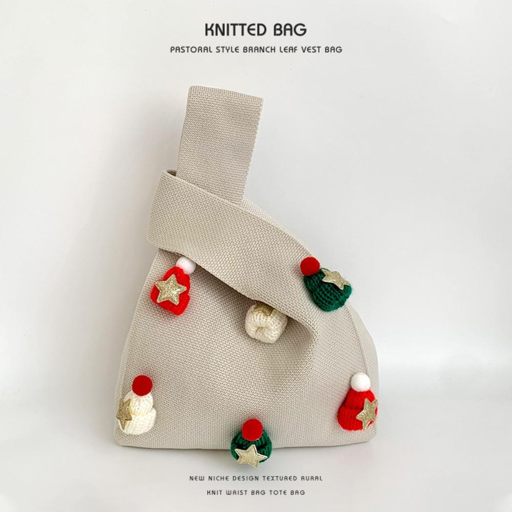 Large Capacity Christmas Knitted Bag Christmas Hat Pentagram Christmas Wrist Bag Reuse Christmas Shoulder Bag