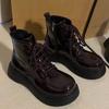 Versatile muffin shoes platform soft leather big head short boots lace-up patent leather Martin boots